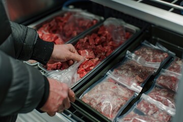 Individual selecting frozen meat from a deep freezer, showcasing food preservation and home supplies management