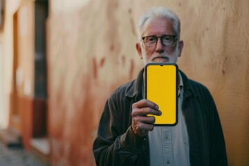 App preview caucasian man in his 50s holding an smartphone with a completely yellow screen