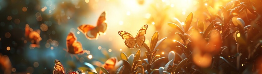 A butterfly garden at sunset, with golden light illuminating the wings of various species
