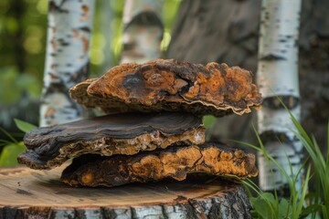 Chaga mushrooms growing on birch trees in a forest showcasing unique textures and details - obrazy, fototapety, plakaty