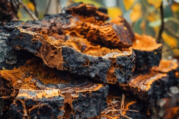 Chaga mushrooms growing on birch trees in a forest showcasing unique textures and details - obrazy, fototapety, plakaty