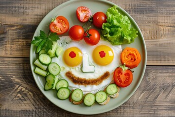 Creative Food Presentation of a Smiley Face Breakfast Plate with Vegetables and Eggs
