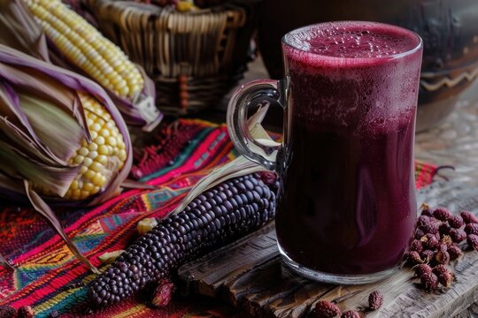 Purple Corn Ears and Glass of Chicha Morada Traditional Beverage on Textile Background