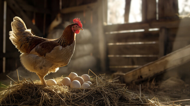 A hen with eggs in barn