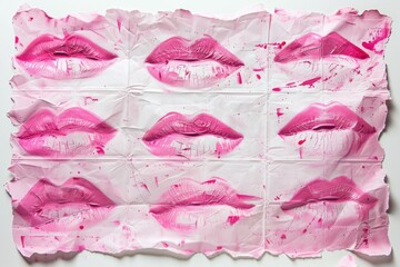 Red lipstick kiss prints on paper, pattern of love and affection symbols