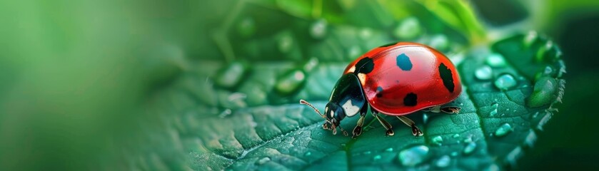 A ladybugs spotted shell crawling along a vibrant green leaf