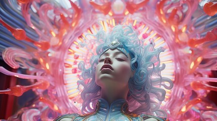 Serene otherworldly woman with an ornate vibrant glow in a futuristic headdress