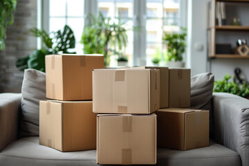 A group of cardboard moving boxes are sitting on top of a couch in a living room. The boxes appear to be stacked neatly, indicating a recent relocation or premises rental