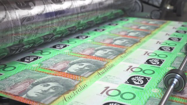 Printing money australian dollar AUD bills on a print machine in typography.. looped 3d animation