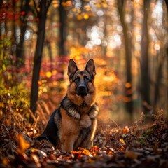 Majestic German Shepherd dog sitting gracefully in a lush forest.