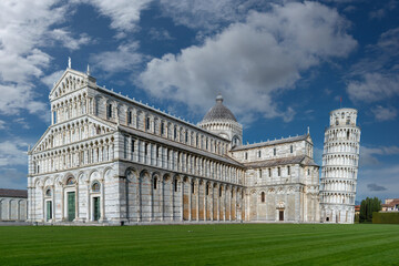 Pisa, Italy - April 05, 2024: landscape of Piazza dei Miracoli with Pisa Cathedral and the Leaning...