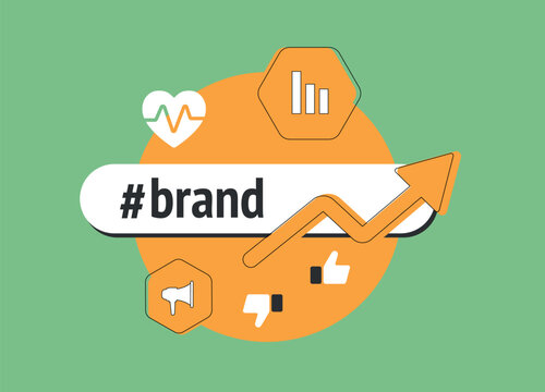 Brand Health Monitoring and Tracking Research. Track brand reputation, sentiment, analyze perception, measure awareness and evaluate performance. Illustration on green background with icons