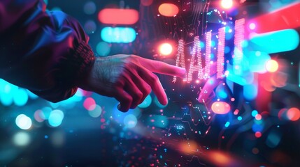 man hands touching AI word on screen with bokeh light , Ai technology and personal assistant trend concept, abstract background with copy space