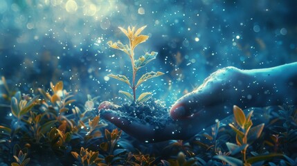 A hand holding a growing plant with water drops in the background. - obrazy, fototapety, plakaty