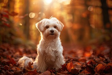 Elegant Maltese sits gracefully in dense forest setting
