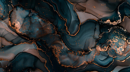 An abstract alcohol ink texture that exudes a metallic sheen with blends of copper and bronze against a dark backdrop. 