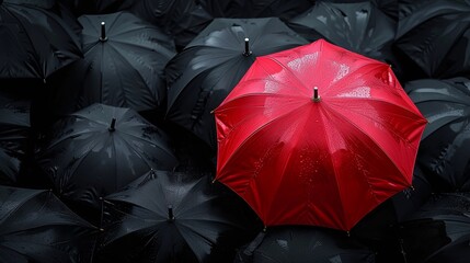 Shining red umbrella among black umbrellas in the rain