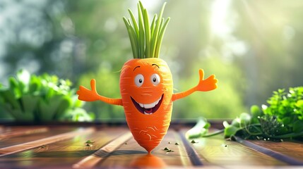 Cheerful cartoon carrot character basking in sunny garden