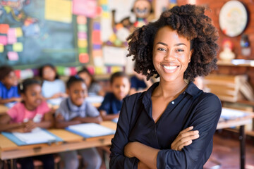 Portrait of smiling female teacher posing with arms crossed in classroom with students behind her. Happy and confident educator. 