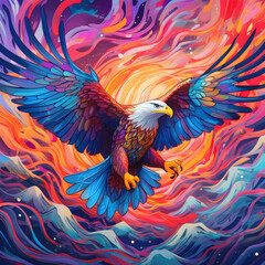 Illustration of an eagle in flight, its feathers a kaleidoscope of bright colors such as electric blue, fiery orange, and deep magenta, captured in a bold, graphic novel style