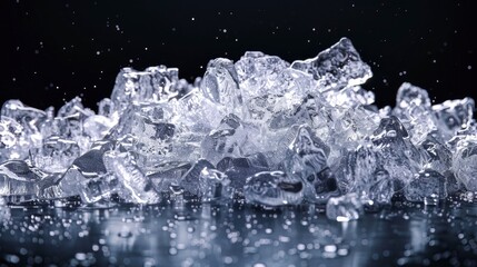 Stack of transparent ice cubes on a black background