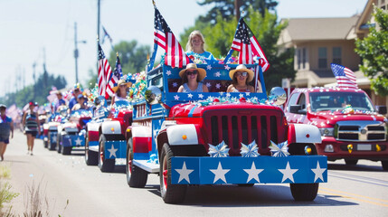 A vibrant Fourth of July parade with patriotic floats.