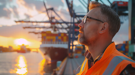 Contemplative logistics manager overlooking harbor at sunset, concept of global trade and shipment planning.