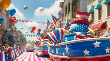 A vibrant Fourth of July parade with patriotic floats.