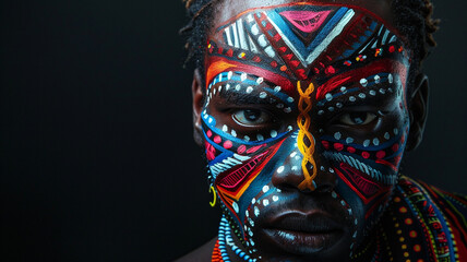 African man with face painted in the style of African tribal designs