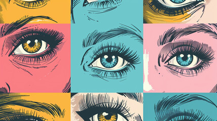 Beautiful female Eyes with long Eyelashes. Dramatic look. Different colors of eyes. Hand drawn. Colorful square seamless Pattern. Background, wallpaper