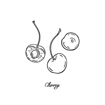 Cherry. Three blck and white berries. Hand-drawn flat image. Vector illustration.