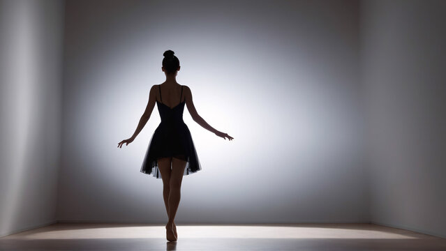 Young female ballerina dancer in black dance clothes in isolated space by spotlights, back view.