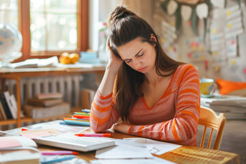 Young woman student tired from studying at home