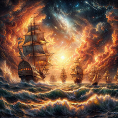 painting of a ship sailing in the ocean at sunset, baroque painting. star lit sky, sailing ship, ship at sea, intricate oil painting artwork, fantasy oil canvas, beautiful art uhd 4 k, oil painting 4 