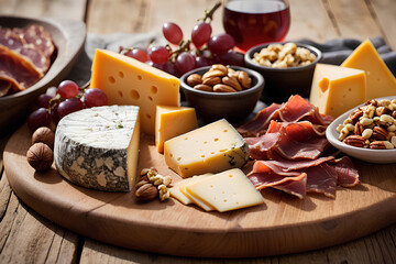 Gourmet Cheese and Charcuterie Board, Artisanal Selection with Grapes and Nuts - obrazy, fototapety, plakaty