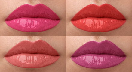 Lip gloss in different colors. Set with photos of woman, closeup