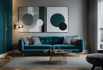 teal sofa living design style big Mid-century home wall lounge interior chair room poster Gray...