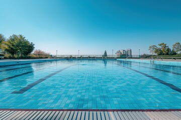 Fototapeta premium Crystal Waters of Olympic Pool Sparkling Under Summer Sunlight - Generative AI