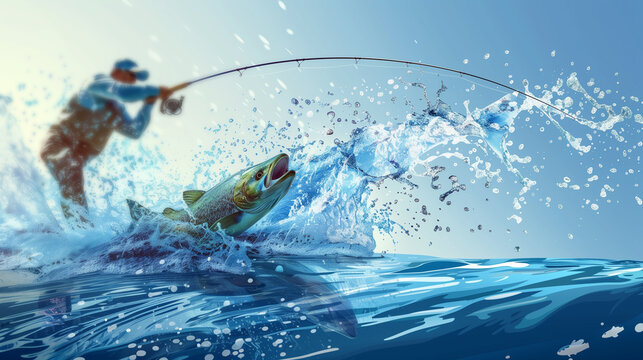 Stylized digital artwork of a fish being caught, leaping high out of the ocean with a fisherman in the background, capturing the struggle and beauty of sport fishing.