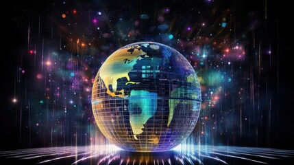 Abstract holographic globe surrounded by digital data streams, global connectivity