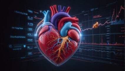  model of human heart on digital background - obrazy, fototapety, plakaty