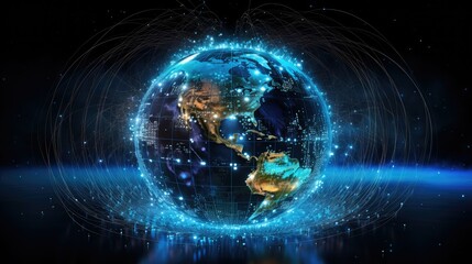 Obraz premium Digital globe surrounded by abstract data streams representing worldwide internet usage
