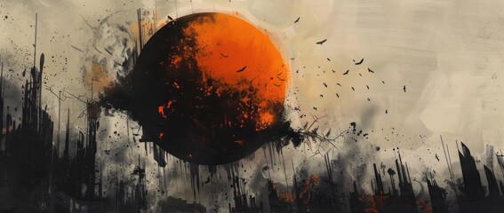 Mystical Twilight: Silhouettes and an Orange Moon in a Dreamy Realm - Generative AI