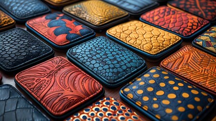 A collection of colorful computer mouse pads with unique patterns and textures, adding style and functionality to a solid background