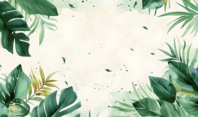 watercolor illustration flat lay tropical green plants and leaves copy space background,Generative AI 