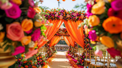 A vibrant Indian wedding ceremony with elaborate floral decorations.