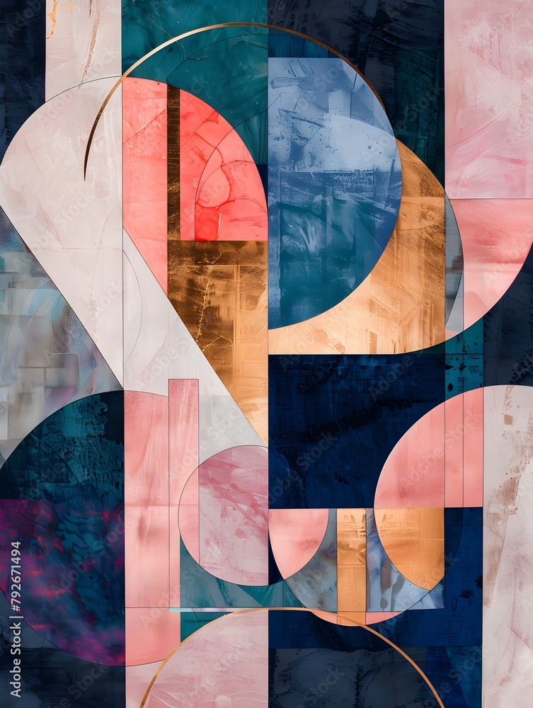 Poster abstract geometric shapes in various colors, moder backdrop, shapes look like they are overlaid on t