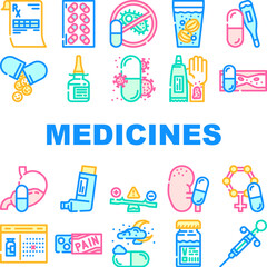 medicines pharmacy medical health icons set vector. prescription pill drug care, treatment doctor bottle hospital drugstore, tablet cure medicines pharmacy medical health color line illustrations