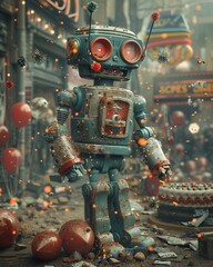 The retro robot, intended for a surprise party, stands amidst a pile of fallen balloons and a toppled cake Sparks fly from its head like confetti - obrazy, fototapety, plakaty