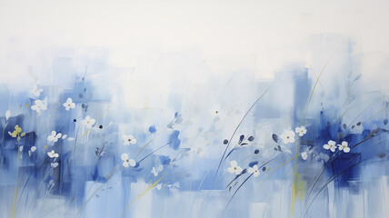 artistic background delicate white and blue flowers on light, paint art canvas, surface copy space abstract background